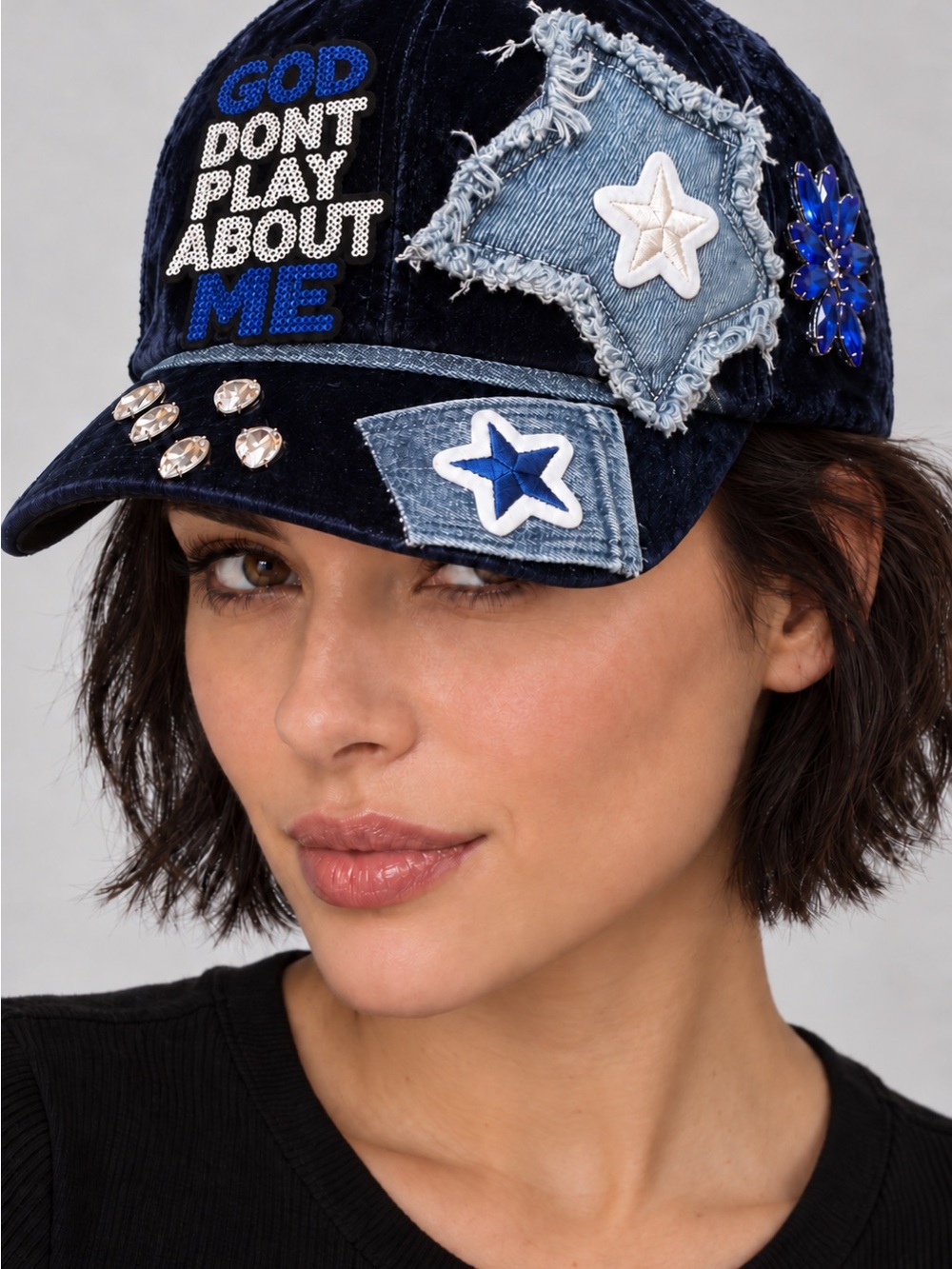 Upcycled junk Embellished Navy Velvet Baseball Cap with Denim and Patches etc